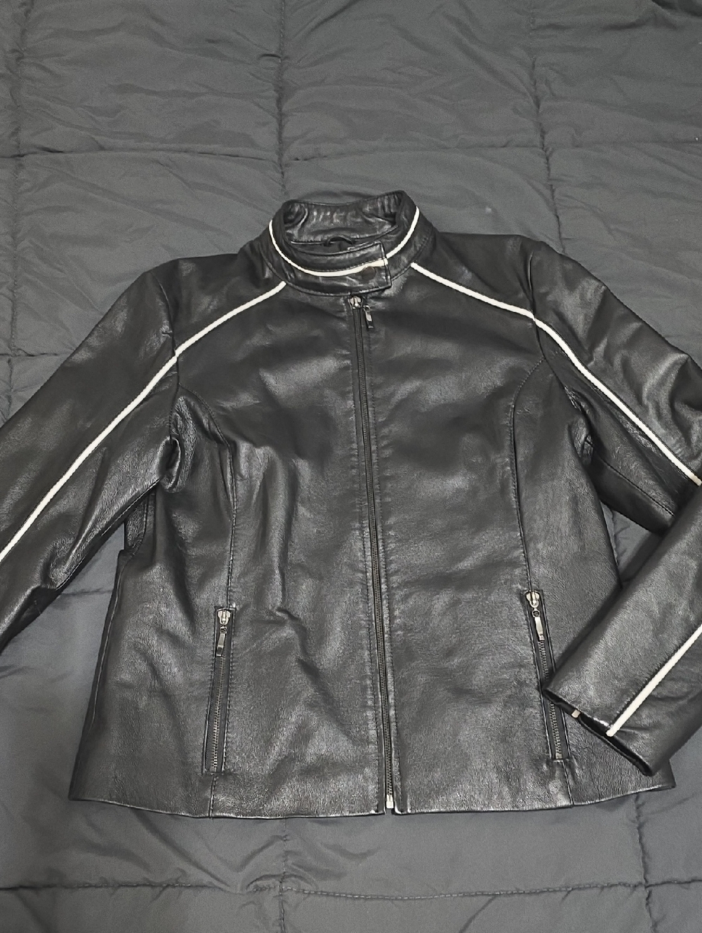 Catalini Womens Y2K Vintage Moto Leather Jacket with White Piping, Large